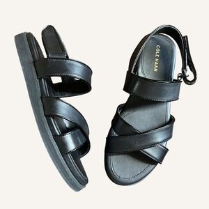 NWOB Cole Haan Black Leather Strappy Crisscrossed Hook & Loop Casual Sandals Sz8